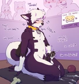 anthro ball_(object) being_watched black_nipples blush bodily_fluids bondage canid canine chest_tuft collar collar_tag cum cum_from_compliment curled_tail digital_media_(artwork) ejaculation encouragement english_text facial_piercing femboy fingerless_(marking) fingerless_gloves_(marking) fur furry genital_fluids genitals gloves_(marking) group hair heart_symbol hi_res humanoid_genitalia humanoid_penis kneeling kyrosh looking_at_another male mammal markings masturbation moan multicolored_body neck_tuft nipples nude oc open_mouth penis pet pet_play petplay piercing praise pubes public public_indecency public_masturbation public_nudity pup_play roleplay signature smile solo solo_focus solo_male tail text tuft two-tone_body voyeur voyeurism white_hair
