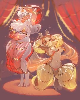 2girls anthro anthro_only belly_dancer belly_dancer_outfit breasts brown_hair clothes_too_small dancer dancer_outfit dancing detached_sleeves female femsub goat goat_ears goat_girl goat_horns green_eyes harem harem_girl harem_outfit huge_breasts long_hair monkey_ears monkey_feet monkey_girl original original_characters prehensile_feet submissive_female ulitochka veil voluptuous white_hair