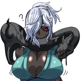 anagenishi big_breasts black_sclera black_skin breasts cleavage drooling female hair_over_one_eye kage_orochi kimono level-5 ponytail red_eyes rule_63 shadow_venoct tagme_(artist) white_hair yo-kai_watch youkai youkai_watch