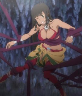 amazon belly_button bound bound_legs bound_wrists bra bracelet breasts brown_hair cave cleavage clothed dark-skinned_female dark_skin dungeon_ni_deai_wo_motomeru_no_wa_machigatteiru_darou_ka earrings exposed_torso female green_eyes gritted_teeth large_breasts long_hair no_penetration one_eye_closed shiny_skin skirt sweat tentacle thighhighs tied_up tione_hiryute