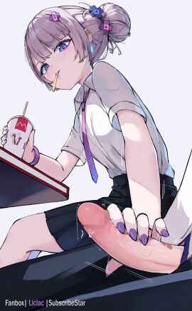 1boy blue_eyes censored commentary_request cup female fingernails grey_background hair_ornament handjob highres holding holding_cup liclac male mcdonald's mosaic_censoring mouth_hold nail_polish necktie original painted_fingernails painted_nails penis purple_nails school_uniform shirt short_hair short_sleeves simple_background sitting straight white_shirt