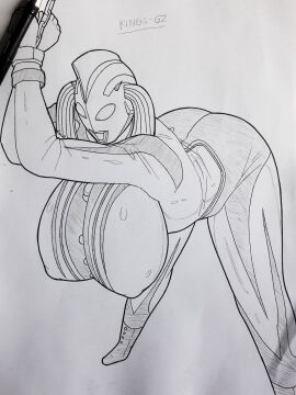 arched_back bent_over big_breasts breasts female kings-gz large_breasts milf mother_of_ultra restrained thick_thighs traditional_art traditional_media_(artwork) ultraman_(franchise) ultrawoman_marie