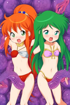 2girls armor armpits arms_up ayanokouji_rem bare_shoulders between_thighs bikini bikini_armor blush cameltoe caron_(rall) commission commissioner_upload cream_lemon crossover dream_hunter_rem female fugetsu_taku green_eyes green_hair grinding highres long_hair monster multicolored_bikini multiple_females multiple_girls navel open_mouth orange_hair pink_bikini ponytail pussy red_bikini restrained sf_choujigen_densetsu_rall shoulder_armor side-tie_bikini_bottom skeb_commission stomach sweat swimsuit tentacle tentacle_between_legs thighs trait_connection two-tone_bikini