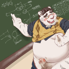 absurd_res anthro balls belly blush bodily_fluids bottomwear bottomwear_down chalkboard classroom clothed clothing cum erection eyewear felid fur genital_fluids genitals glasses hi_res male mammal masturbation moobs nipple_fetish nipple_pinch nipple_play overweight pantherine pants pants_down partially_clothed penis pinch school solo striped_body striped_fur stripes teacher tiger white_body white_fur won7373kr
