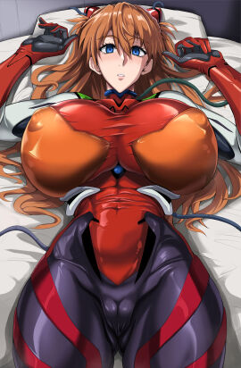 2d asuka_langley_sohryu big_breasts blush bodysuit breasts cameltoe female female_only fully_clothed huge_breasts jet_puri looking_at_viewer lying_on_back lying_on_bed neon_genesis_evangelion plugsuit pussy red_hair thights