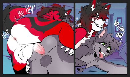 anal anal_sex anthro anus ass balls canid canine canis closed_eyes doggy_style duo english_text erection from_behind_position fur futa/male futa_penetrating futa_penetrating_male futanari genitals grey_body grey_fur grey_hair grey_markings hair hi_res humanoid humanoid_genitalia humanoid_penis intersex intersex/male intersex_penetrating intersex_penetrating_male interspecies male male_penetrated mammal markings onomatopoeia penetration penile penile_penetration penis penis_in_ass perineum red_body red_fur sex smile smirk smug smug_face smug_grin sound_effects sparkibarki text tongue tongue_out white_body white_fur wolf