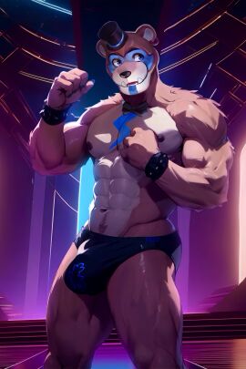 abs animatronic anthro ass big_ass big_penis blue_eyes five_nights_at_freddy's five_nights_at_freddy's:_security_breach fnaf furry glamrock_freddy_(fnaf) male male_only muscles muscular muscular_anthro muscular_arms muscular_male muscular_thighs pecs penis seductive solo stage stage_lights thong underwear