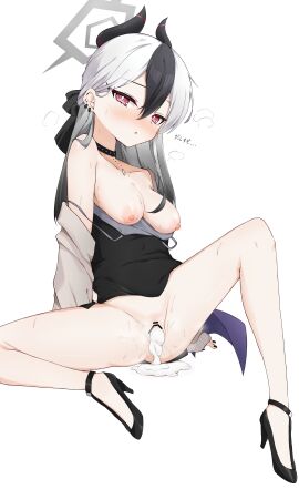 absurdres after_sex after_vaginal arms_behind_back bare_legs black_choker black_dress black_hair black_nails black_ribbon blue_archive blush breasts censored choker clothes_pull cum cum_in_pussy cum_pool cumdrip demon demon_girl demon_horns dress dress_pull expressionless female full_body gehenna_academy_student hair_ribbon halo high_heels highres horns jacket jacket_pull kayoko_(blue_archive) kayoko_(dress)_(blue_archive) knee_up legs long_hair looking_at_viewer medium_breasts multicolored_hair nail_polish nipples no_panties noko32 off_shoulder open_clothes open_jacket parted_lips pink_eyes problem_solver_68_(blue_archive) pussy red_eyes ribbon sitting sleeveless sleeveless_dress solo spaghetti_strap spread_legs thighs two-tone_hair upskirt white_hair