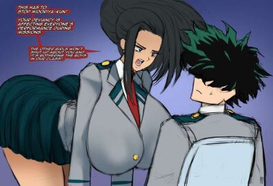 1boy 1girls ass big_ass big_breasts black_eyes black_hair boku_no_hero_academia breasts chanleefat english_text female green_hair huge_ass huge_breasts izuku_midoriya male momo_yaoyorozu my_hero_academia u.a._school_uniform unseen_eyes unseen_male_face wide_hips