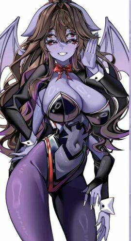 1girls 6_arms 6_eyes artist_request bat_ears bat_girl bat_wings breasts brown_hair bunny_girl cropped_image dante_will female huge_breasts long_hair lowres monster monster_girl purple_skin red_sclera see-through_clothing solo solo_female taller_female virtual_youtuber vtuber white_eyes