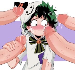 5boys big_penis blush boku_no_hero_academia bukkake costume deku dekuwus faceless_male gangbang gay halloween izuku_midoriya male midoriya_izuku multiple_boys multiple_males my_hero_academia penis shy