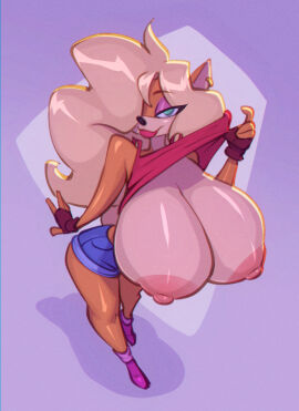 1girls activision alternate_breast_size anthro anthro_only bandicoot bare_arms bare_breasts bare_legs bare_shoulders bare_thighs big_breasts bigdad blonde_hair blue_eyes breasts breasts_bigger_than_head clothed clothing color crash_(series) ear_piercing female female_focus female_only furry furry_only hi_res huge_breasts hyper hyper_breasts jean_shorts large_breasts lipstick long_hair looking_at_viewer nipples piercing solo solo_female tagme tawna_bandicoot thick_thighs