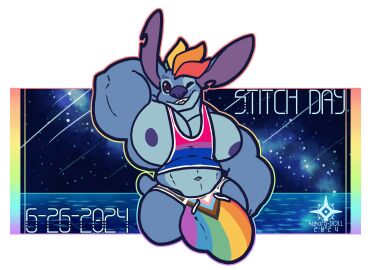 2024 6/26 alien alpha_channel anthro anthrofied areola artist_logo artist_name big_bulge big_ears big_pecs bisexual_pride_colors blue_body blue_nose bottomwear bulge clothing dated digital_drawing_(artwork) digital_media_(artwork) disney english_text experiment_(lilo_and_stitch) flat_colors grin grinning_at_viewer hair hand_behind_head hi_res huge_bulge kokoro-doll lgbt_pride lgbt_pride_month lilo_and_stitch logo looking_at_viewer male male_focus male_only meteor_shower multicolored_hair muscular muscular_anthro muscular_male navel notched_ear one_eye_closed outline pecs pride_color_bottomwear pride_color_clothing pride_color_tank_top pride_color_topwear pride_colors progress_pride_colors purple_areola purple_inner_ear rainbow_pride_colors shirt small_tail smile solo stitch stitch_(lilo_and_stitch) tail tank_top text topwear water wink winking_at_viewer