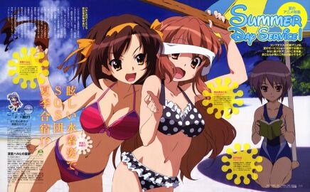 3girls asahina_mikuru barefoot beach beach_umbrella bikini blindfold book breasts cleavage competition_swimsuit day female food large_breasts mole mole_on_breast multiple_females multiple_girls nagato_yuki navel one-piece_swimsuit outdoors polka_dot polka_dot_bikini popsicle shade small_breasts stick striped_bikini striped_clothes suzumiya_haruhi suzumiya_haruhi_no_yuuutsu swimsuit takemoto_yasuhiro text_focus umbrella