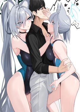1boy 2girls absurdres ahoge animal_ears black_hair black_one-piece_swimsuit blue_archive blue_eyes blue_halo blush breasts choker competition_swimsuit covering_another's_mouth dark_halo ddog female grey_hair grey_pants halo highres large_breasts long_hair male medium_breasts medium_hair mismatched_pupils multiple_females multiple_girls one-piece_swimsuit pants ponytail sandwiched sensei_(blue_archive) shiroko_(blue_archive) shiroko_(swimsuit)_(blue_archive) shiroko_terror_(blue_archive) simple_background swimsuit very_long_hair white_background wolf_ears