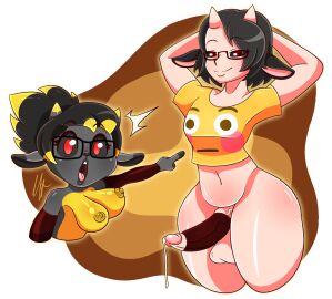 bedroom_eyes black_hair black_skin breasts cock_sleeve cum_drip dark_eyes dark_hair dark_skin erect_penis female femboy funny_shirt furry glasses lamb male penis pointing red_eyes shortstack simple_background soyjak_pointing_meme succubus succubuslamb teddybunnmt thick_thighs tits_out