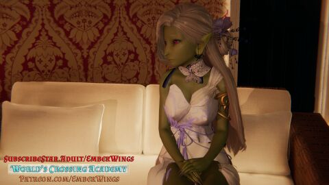 3d ai_shoujo bangle dress elegant female female_only goblin goblin_female green_skin hair_ornament long_hair magenta_eyes pink_eyes pointy_ears promotional_art team_emberwings tilai_(wca) wca white_hair worlds_crossing_academy