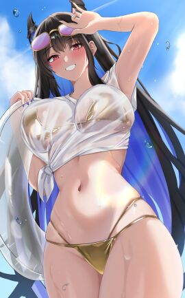 1girls alternate_costume arm_up bikini bikini_under_clothes black_hair blue_hair blue_nails blue_sky blush breasts cloud colored_inner_hair commentary day eyewear_on_head female female_only gold_bikini grin highres holding holding_swim_ring hololive hololive_english hololive_english_-advent- horns innertube large_breasts light-skinned_female light_skin long_hair looking_at_viewer mole mole_under_eye multi-strapped_bikini_bottom multicolored_hair nail_polish navel nerissa_ravencroft purple-tinted_eyewear red_eyes see-through see-through_shirt shirt sky slit_pupils smile solo standing stomach straight_hair string_bikini sunglasses swim_ring swimsuit t-shirt tied_shirt tinted_eyewear very_long_hair virtual_youtuber wet white_shirt yobi_(ybpac18)