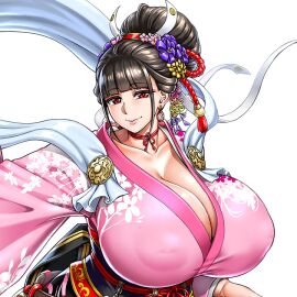 areola_bulge areolae_visible_through_clothing black_hair breasts breasts_bigger_than_head cleavage color curvy curvy_female earrings eyebrows_visible_through_hair female female_focus female_only flower_in_hair fringe fringe_hair game_cg hair_bun hair_flower hair_ornament huge_breasts inverted_nipples kimono kunoichi_enrai large_areolae last_origin long_hair looking_at_viewer neromashin nipple_bulge nipples_visible_through_clothing pink_kimono plump red_eyes shawl single_hair_bun smile smiling smiling_at_viewer transparent_background upper_body