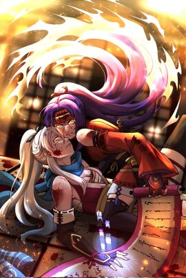 2girls alternate_costume angry arm_guards bandaged_chest black_gloves blood_on_clothes blood_on_face blue_scarf breasts chest_sarashi cleavage elbow_gloves female fingerless_gloves fire fire_emblem fire_emblem:_path_of_radiance fire_emblem:_radiant_dawn fire_emblem_heroes furious gloves grey_hair hair_ribbon headband highres holding holding_scroll large_breasts long_scarf looking_at_viewer medium_breasts micaiah_(fire_emblem) micaiah_(ninja)_(fire_emblem) multiple_females multiple_girls ninja official_alternate_costume official_alternate_hairstyle purple_hair red_headband ribbon sanaki_kirsch_altina sanaki_kirsch_altina_(ninja) sarashi scarf scroll siblings sideboob sisters straddling tellius_forever yellow_eyes
