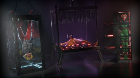 3d 3girls alex_(totally_spies) ball_gag black_hair blonde_hair blue_eyes bodysuit bondage brown_eyes captured captured_heroine chains clover_(totally_spies) dark-skinned_female dark_skin female female_only gagged ginger green_eyes highres latex latex_bodysuit lia3d light-skinned_female light_skin long_hair lying orange_hair restrained restrained_arms sam_(totally_spies) serpentorder short_hair standing torture_device totally_spies upside-down zipper