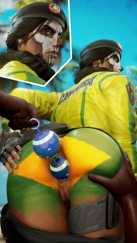 3d anal anal_beads anal_insertion anus ass athletic athletic_female beret big_ass black_hair brazilian brazilian_female brown_eyes bubble_ass bubble_butt caveira_(rainbow_six) dark-skinned_male dark_skin earrings facepaint female female_focus fingerless_gloves huge_anal_beads kjthegrimreaper logo_anal_beads long_hair looking_at_viewer looking_back male ponytail rainbow_six rainbow_six_siege rear_view sex_toy tactical_vest tagme vest wide_hips