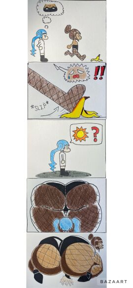 2girls about_to_sit accidental_circumstance accidental_facesitting ass ass_attack ass_bigger_than_body ass_bigger_than_head ass_body ass_expansion ass_focus ass_up banana between_buttocks blue_hair buttcrush comic comic_strip dark-skinned_female dark_skin facesitting falling female from_behind gigantic_ass goddess_of_victory:_nikke high_heels huge_ass impending_doom massive_ass massive_thighs meme multiple_females multiple_girls noir_(nikke) obi_almighty pantyhose playboy_bunny praise_da_booty_(meme) privaty_(nikke) questionable_consent size_difference slipping smothering tall_female unaware unaware_buttcrush under_butt viewed_from_behind