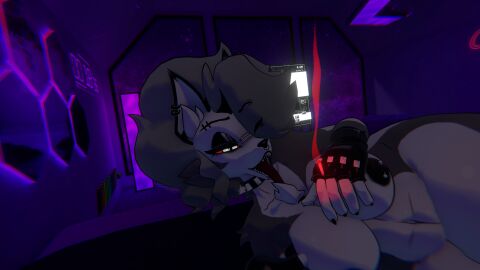 3d anthro ass big_ass big_breasts breasts cigarette cryptiacurves ear_piercing eyebrows_visible_through_hair female furry gloves grey_hair hair_over_one_eye helluva_boss hi_res highres itzxenoshi loona_(cryptiacurves) loona_(helluva_boss) nipple_piercing nipples nose_piercing nude pierced_ears pierced_nose piercing red_eyes sharp_teeth solo spiked_collar thick_thighs thighs tongue tongue_out