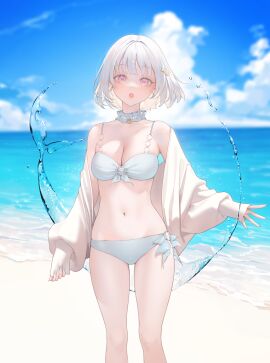 1girls :o albino beach bikini blue_nails blue_sky breasts cardigan choker cleavage day earrings female female_only fish_hair_ornament fit fit_female frills hair_ornament hi_res highres jewelry long_sleeves looking_at_viewer medium_breasts nacchan_(ohisashiburi) nail_polish navel necklace o-ring ocean ohisashiburi open_clothes original outdoors petite pink_eyes seashell short_hair skindentation solo standing swimsuit water white_hair