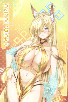 animal_ear_fluff animal_ears bare_shoulders belly_chain black_pantyhose blonde_hair blue_archive blue_eyes blush breasts center_opening character_name cigar_cat cleavage collarbone dog_ears dress female gold_dress hair_over_one_eye halo highres jewelry kanna_(blue_archive) large_breasts long_hair looking_at_viewer multi_ear navel pantyhose pelvic_curtain sash sharp_teeth solo teeth
