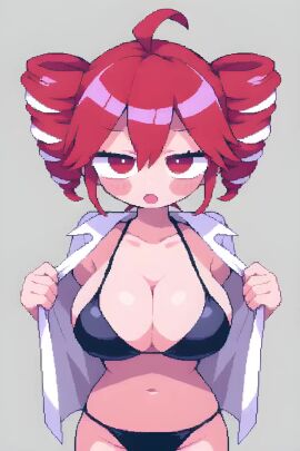 1girls ahoge big_breasts bikini blush bouncing_breasts breasts breasts_out cleavage curvy curvy_female curvy_figure female female_only flashing flashing_breasts hair_ornament huge_breasts jiggling_breasts kasane_teto kasane_teto_(sv) large_breasts navel open_mouth open_shirt red_eyes red_hair shiny_skin slim_waist solo solo_female synthesizer_v tagme twin_drills utau video wide_hips
