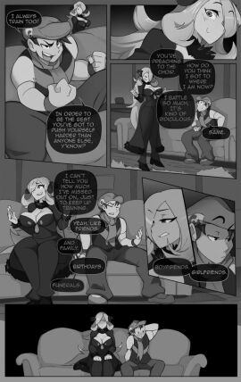 black_and_white blonde_hair breasts cleavage clothing comic cynthia_(pokemon) dialogue english_text female huge_breasts human lucas_(pokemon) nintendo pokeaspie pokemon pokemon_dppt schpicy size_difference text