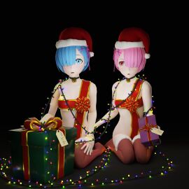 3d 3d_(artwork) 3d_render adekvatta22 anime anime_style blonde_hair blue_eyes female maid naked no_ai nude pink_hair ram_(re:zero) re:zero_kara_hajimeru_isekai_seikatsu red_eyes rem_(re:zero)