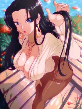 1girls black-haired_female black_hair blue_eyes boa_hancock cleavage female female_only long_hair looking_at_viewer one_piece opalisart