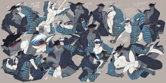 abs anal anal_sex balls big_penis black_hair blush bodily_fluids cum cutaway dialogue doggy_style ear_piercing ejaculation english_text eyewear fish from_behind_position genital_fluids genitals glasses hair hi_res kissing love male male/male marine muscular muscular_male nikita_akulov_(nika_sharkeh) non-human non-human_only nude oral penetration penis piercing ryan_(wmdiscovery93) sex shark stripes text white_hair wmdiscovery93 yaoi