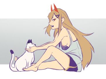2d 2d_(artwork) 2girls accidental_exposure areolae barefoot breasts caress casual chainsaw_man demon feline female female_focus full_body hair_pin javehorny long_hair looking_at_viewer loungewear medium_breasts meowy_(chainsaw_man) multiple_females multiple_girls nipples no_bra open_mouth power_(chainsaw_man) sharp_teeth shorts sideboob tank_top thighs vhfd wardrobe_malfunction