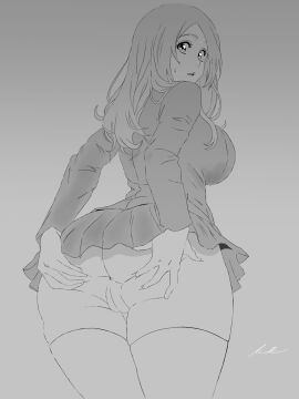 1girls anus ass ass_focus ass_grab back_view big_ass bleach bleach:_the_thousand-year_blood_war breasts busty chisoku1126 curvy female female_only greyscale inoue_orihime long_hair looking_at_viewer looking_back no_panties presenting presenting_hindquarters pussy school_uniform skirt_lift solo spread_anus spread_ass spreading thick_thighs thighhighs voluptuous zettai_ryouiki