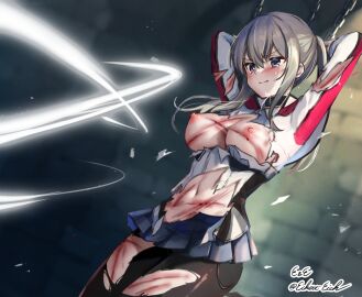 1girls absurdres arms_behind_back arms_up black_pantyhose blonde_hair blush bound bound_wrists breast_torture breasts breasts_out brick_wall chained_up chains crying cuts cutting dubious_consent eckert&eich female female_only graf_zeppelin_(kantai_collection) hair_between_eyes highres injury jacket kantai_collection large_breasts miniskirt nipples pantyhose pleated_skirt purple_eyes ryona scar scars scars_all_over sidelocks skirt slashing solo sweat tears torn_clothes torn_pantyhose twintails