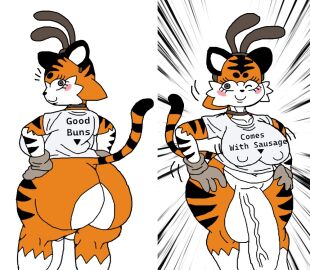 1futa 2-ban_(artist) 2d ;) animal_ears anthro ass balls big_ass big_balls big_breasts big_penis breasts chubby clothes female futanari gloves hands_on_hips intersex nipples_visible_through_clothing oc orange_fur penis tagme taiga_stripes_(2-ban) text tiger tiger_ears tiger_girl tiger_print tiger_tail wink