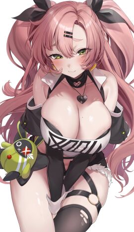 :3 amillion_(zenless_zone_zero) bangboo_(zenless_zone_zero) between_legs black_ribbon black_shorts blush breasts cleavage closed_mouth clothing_cutout collarbone crop_top earrings female green_eyes hair_between_eyes hair_ornament hairclip hand_between_legs heart heart_earrings heart_necklace highres jewelry large_breasts long_hair looking_at_viewer micro_shorts mole mole_on_breast mole_under_eye necklace nicole_demara o-ring o-ring_thigh_strap parted_bangs pink_hair ribbon shorts shoulder_cutout simple_background single_thighhigh sitting skindentation smile solo strapless tarou_(komekueyo) thigh_strap thighhighs thighs torn_clothes torn_thighhighs tube_top two_side_up white_background white_tube_top zenless_zone_zero