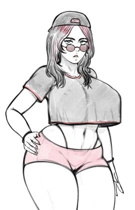 1girls alternate_version_available big_breasts billie_eilish breasts female nowajoestar pink_shorts shorts solo white_background