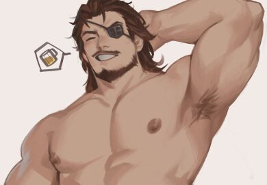 1boy 1human 2d 2d_(artwork) 2d_artwork adorable bara blush blushing_male brown_hair cute eugen_(granblue_fantasy) eyepatch granblue_fantasy hand_behind_head himbo ibarra_bara male masculine masculine_male middle_aged middle_aged_male middle_aged_man muscular muscular_chest muscular_male smile yaoi