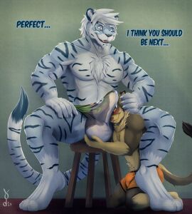 anthro blush bodily_fluids bulge clothed clothing clothing_transformation dialogue domestic_cat erection erection_under_clothing felid feline felis genital_fluids group hi_res kangaroo living_underwear macropod male male/male mammal marsupial pantherine precum precum_through_clothing size_difference tiger transformation trio underwear underwear_fetish underwear_only underwear_transformation vodcat wet wet_clothing