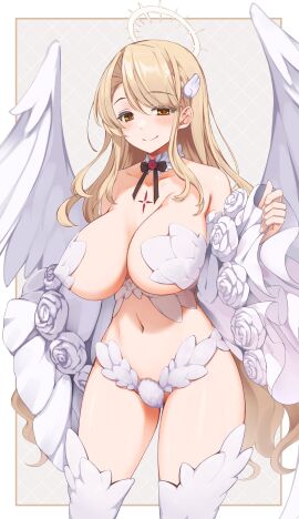 1girls absurd_res angel angel_wings bare_shoulders big_breasts blonde_hair breasts brown_eyes cleavage female female_only fit fit_female halo hourglass_figure huge_breasts large_breasts light-skinned_female light_skin long_hair looking_at_viewer navel osa_(osaosa) revealing_clothes slim_waist smile solo thick_thighs thighhighs very_long_hair wide_hips wings