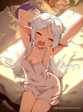 1girls 2girls after_sex bedroom breasts closed_eyes earrings elf elf_ears elf_female female fern_(sousou_no_frieren) frieren frieren_beyond_journey's_end grey_hair implied_threesome indoors meme nightgown pointy_ears pussy pussy_juice pussy_juice_on_object small_breasts snegovski sousou_no_frieren stark_(sousou_no_frieren) stretching thick_thighs waking_up yawn