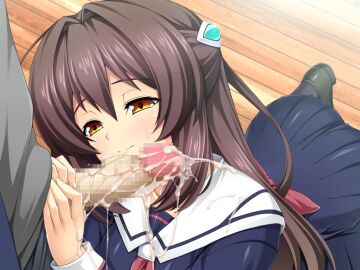1boy blue_shirt blue_skirt blush bow brown_eyes brown_hair censored closed_mouth cum cum_on_body cum_on_clothes dress female game_cg grey_shirt hair_between_eyes hair_intakes hair_ornament inoino katsuragi_marina kneeling kouyoku_senki_exs-tia long_hair long_sleeves looking_at_penis male mosaic_censoring non-web_source official_art penis pleated_skirt sailor_collar sailor_dress school_uniform serafuku shirt skirt smile solo_focus straight variant_set white_sailor_collar wooden_floor yellow_eyes