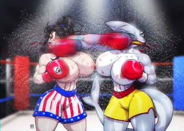 2girls american_flag_shorts animal_humanoid anthro ass big_ass big_breasts big_thighs boxing boxing_gloves boxing_ring breasts bust busty chest cross_counter curvaceous curvy curvy_figure digital_media_(artwork) duo female female_focus fight fighting_ring gabocaricaturas gloves hips hourglass_figure huge_ass huge_breasts huge_thighs human human/anthro humanoid large_ass large_breasts large_thighs legs light-skinned_female light_skin lips lipstick mature mature_female multiple_females multiple_girls original original_character original_characters red_boxing_gloves red_gloves shark shark_girl shark_humanoid shark_tail slim_waist tail thick thick_hips thick_legs thick_thighs thighs topless topless_boxing voluptuous voluptuous_female waist wide_ass wide_hips wide_thighs