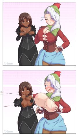 2girls 2koma beanie big_breasts blush breast_envy breasts breasts_out brown_hair bursting_breasts buttoned_shirt choker cleavage comic corset couple dark_skin dress embarrassed enf english_text exploding_clothes female female_focus female_only gigantic_breasts happy huge_breasts inconvenient_breasts interracial interracial_yuri large_breasts luckerabbit6 luckerabbit9 medium_breasts medium_hair morgan_seacole_(mazhazpazzaz) mrlucke nipples orange_eyes original original_character outfit_swap oversized_clothes pale_skin red_eyes ripped_clothing scar scarf short_hair sidecut silver_hair small_breasts smaller_female taller_female text thick_thighs tight_clothing wardrobe_malfunction wide_hips willow_vovk_(mazhazpazzaz)