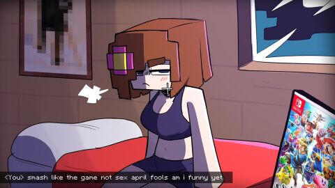 1girls angry_face angry_female annoyed artist_request bed bedroom female imminent_sex jenny_belle_(slipperyt) minecraft nintendo_switch painting pov self_insert sigh smash_bros solo video_games viewer_insert
