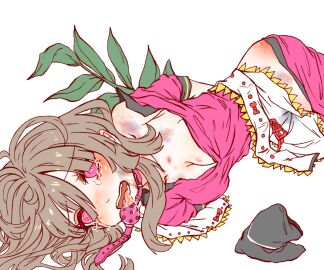 1girls @_@ ass ball_gag black_hat bondage breasts brown_hair cleavage female female_only gag hat injury lying nishida_satono open_mouth pink_eyes pink_shirt plant puffy_short_sleeves puffy_sleeves ryona saliva shirt short_sleeves solo tears tian_nanxing touhou white_background